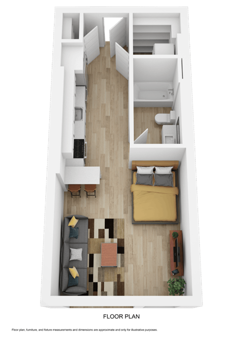 A top-down view of a living room with a couch, chairs, and a coffee table.